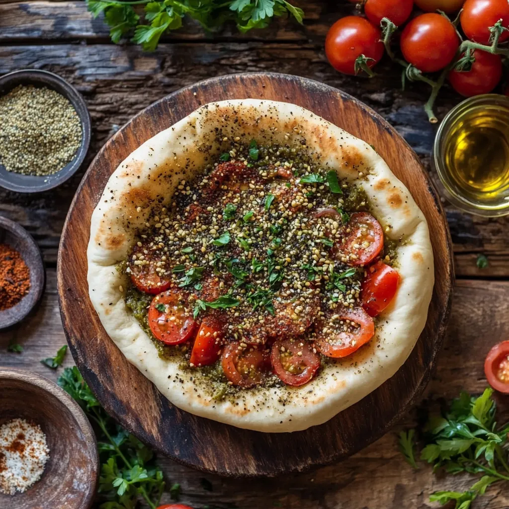 לחם פיתה במילוי טחינה גולמית, עגבנייה טרייה וזעתר – מוכן ב-4 דקות