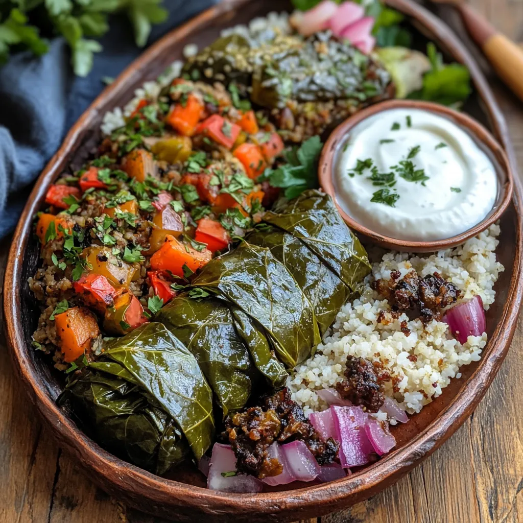 מאפה עלי גפן ממולאים בבורגול וירקות קלויים