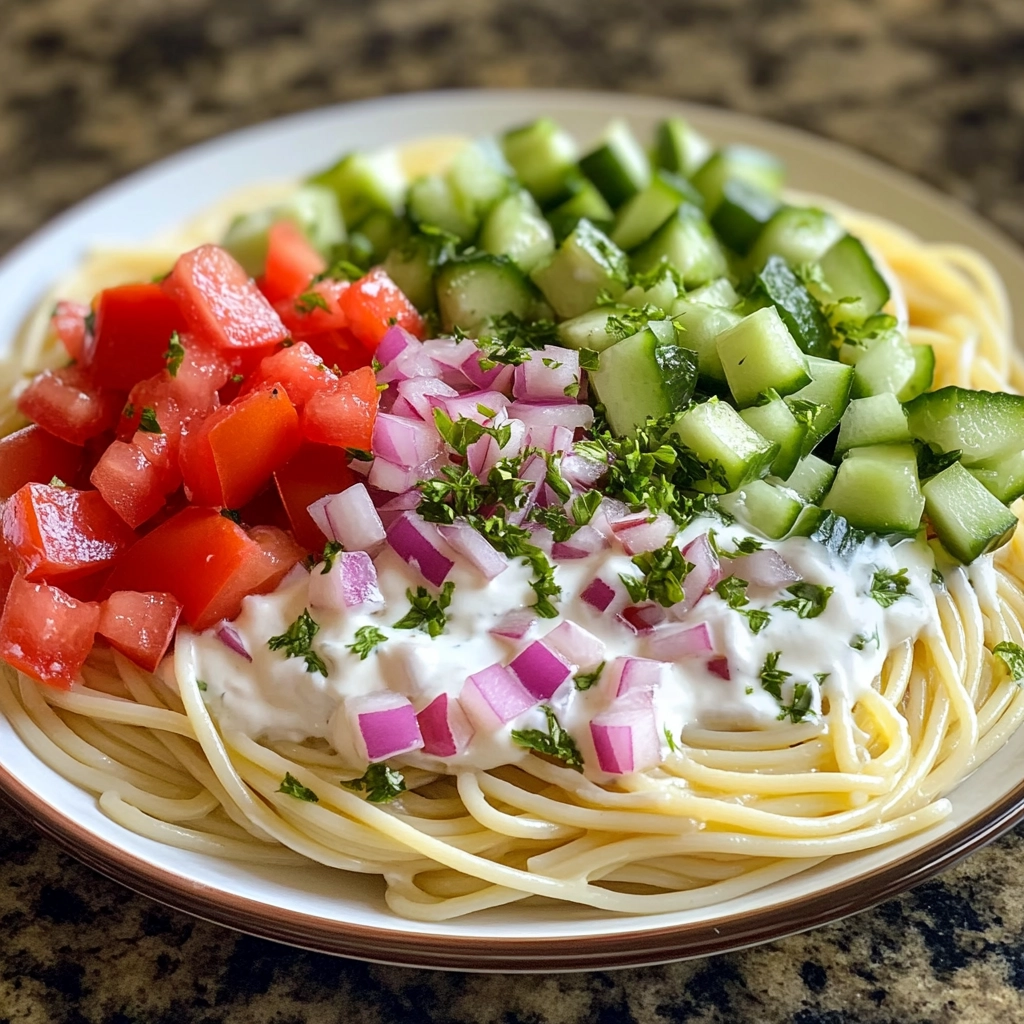 ספגטי קר עם סלט ירקות טרי ורוטב יוגורט – מנה קלילה לקיץ